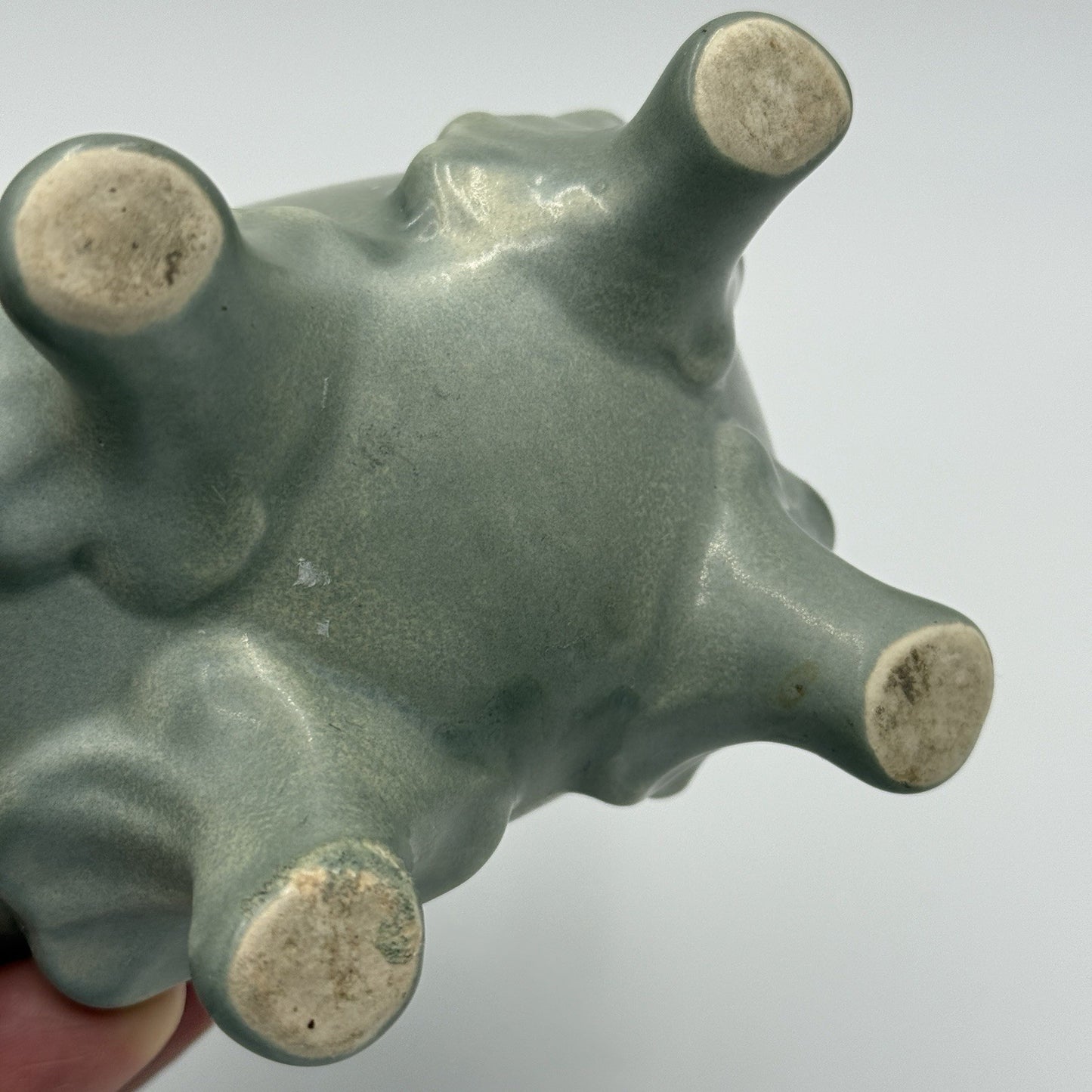 Celadon Art Pottery Green Footed Vase Double Handle Chinese 6.5”h X 2”w X 5.5”
