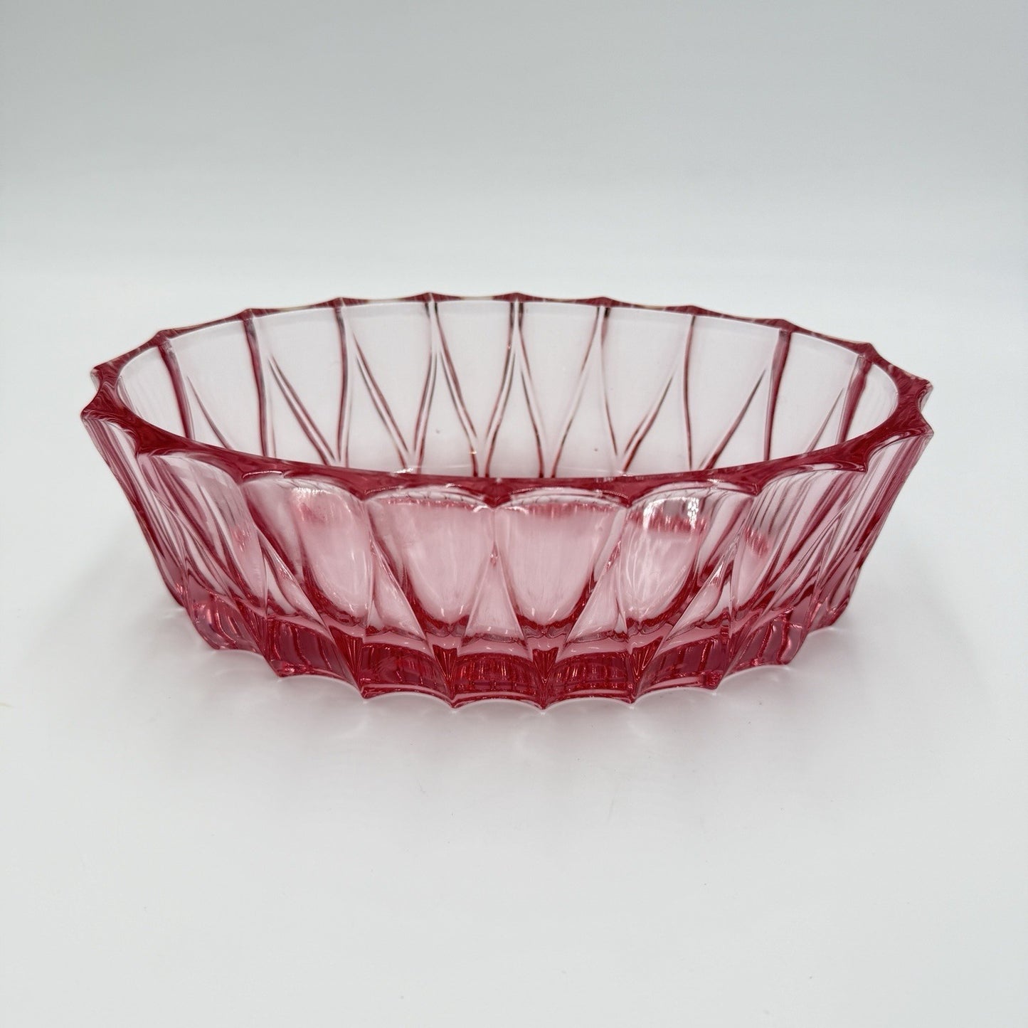 Vintage Fostoria Art Glass Pink Faceted Oval Bowl # 189 MCM 1960 Measure 9”x3”
