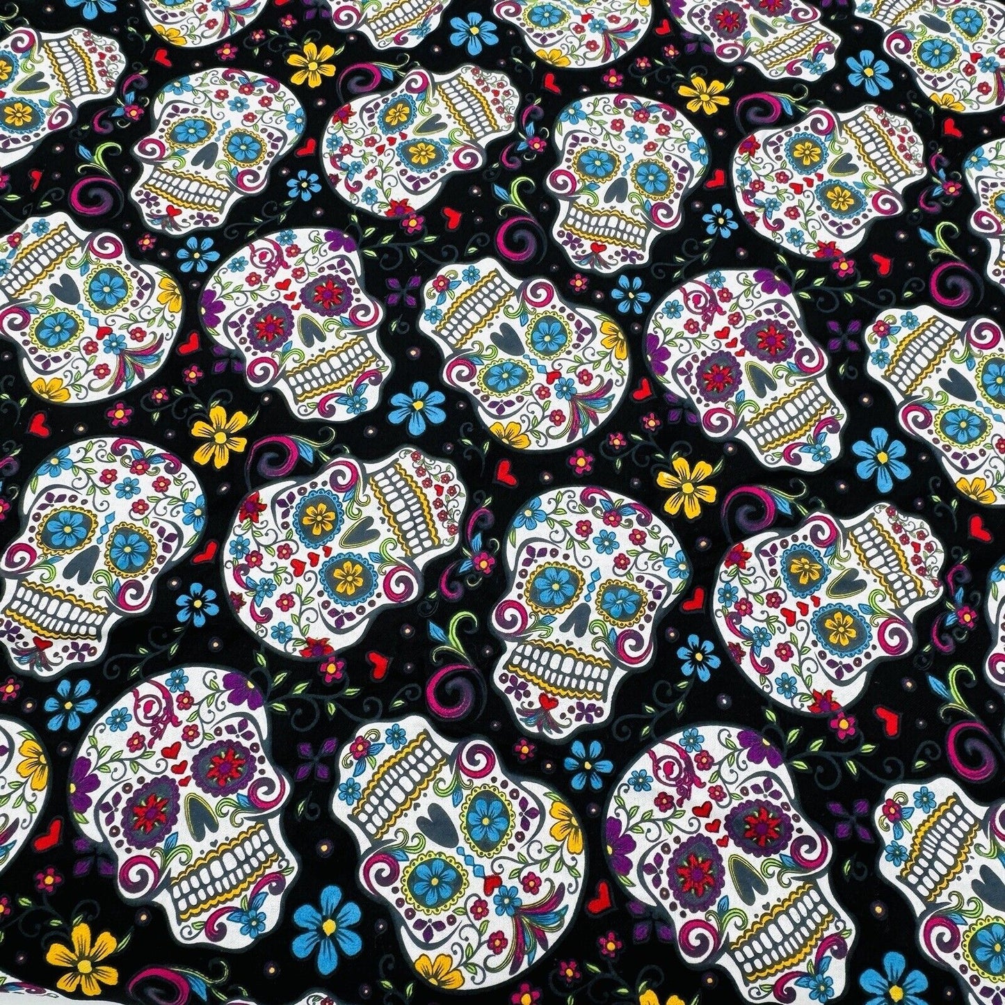 David Textiles Fabric Day of the Dead Skulls Black Colorful Floral 5.25 Yards L