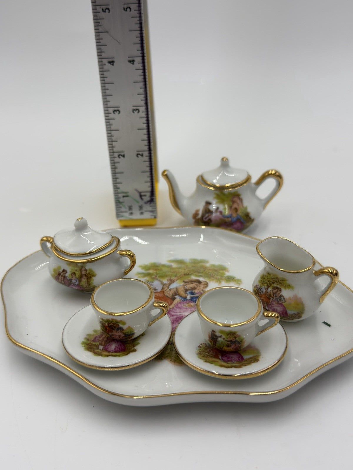 EME porcelain Spain miniature tea set romantic scene victorian 8 PCs Dollhouse
