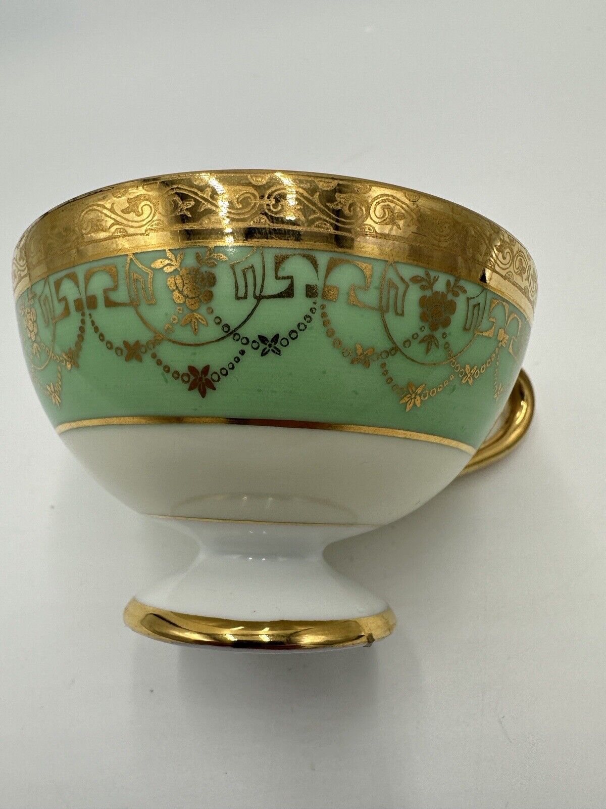 Czchoslovakia Bohemia Teacup Footed 24K Gold Encrusted Green Serveware Porcelai