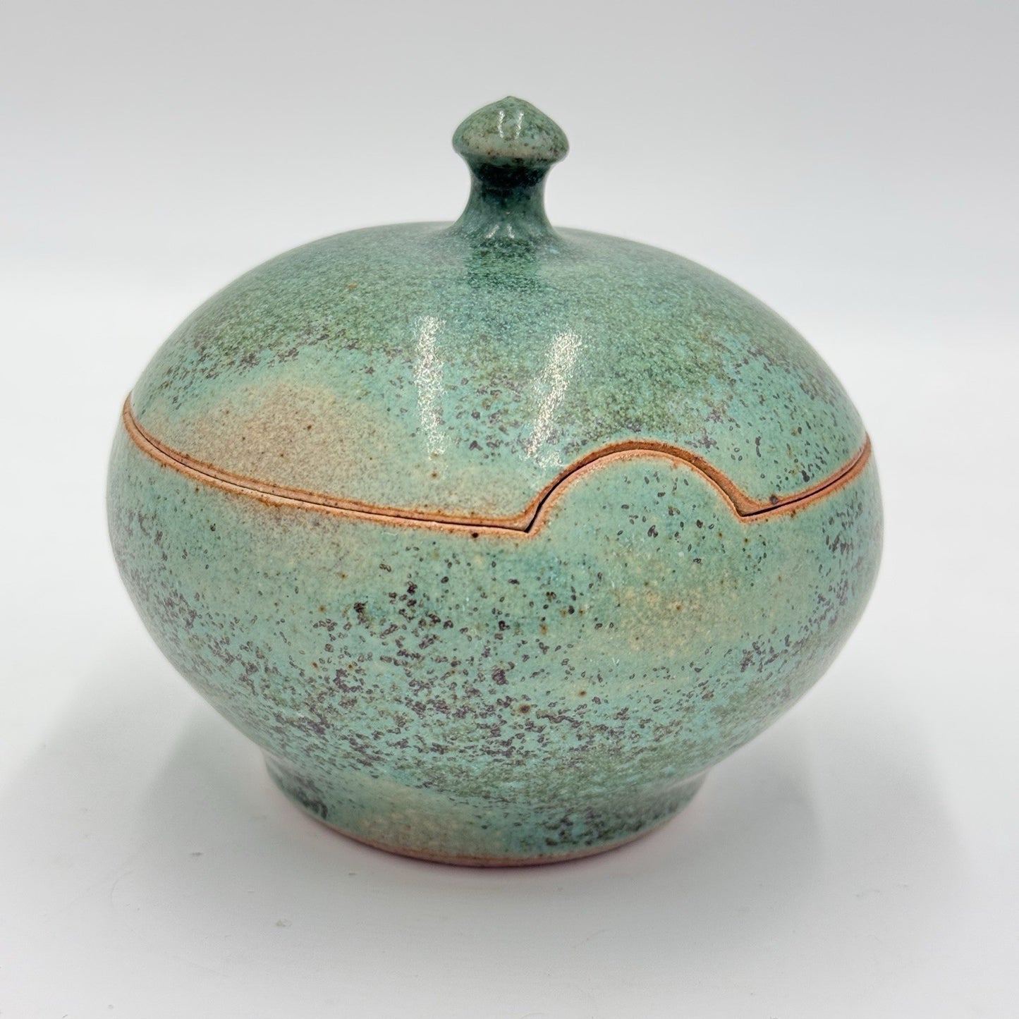 KK signed studio art pottery stoneware trinket dish green 4”vintage Rare W/lid