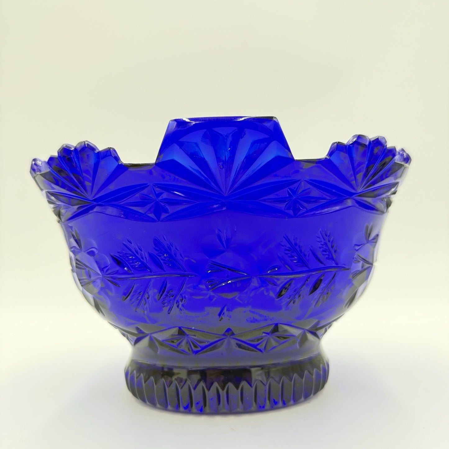 Imperial Poland Cobalt Blue Glass 24% Lead Crystal Fruit Bowl Vintage Art 6.5”x8