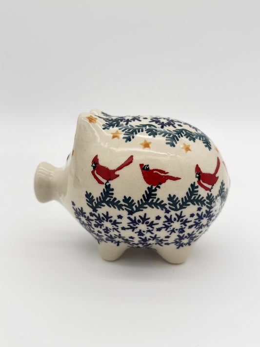 Boleslawiec Polish Art Pottery Hand Painted Cardinal Snow Flakes Piggy Bank