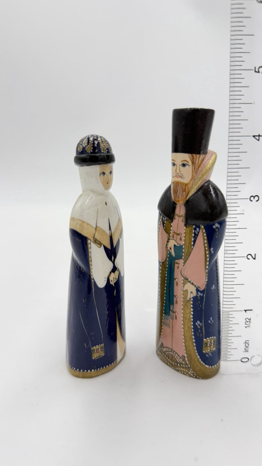 Vintage Folk Art Wood Carved Russian King & Queen Hand Painted Signed Figurines