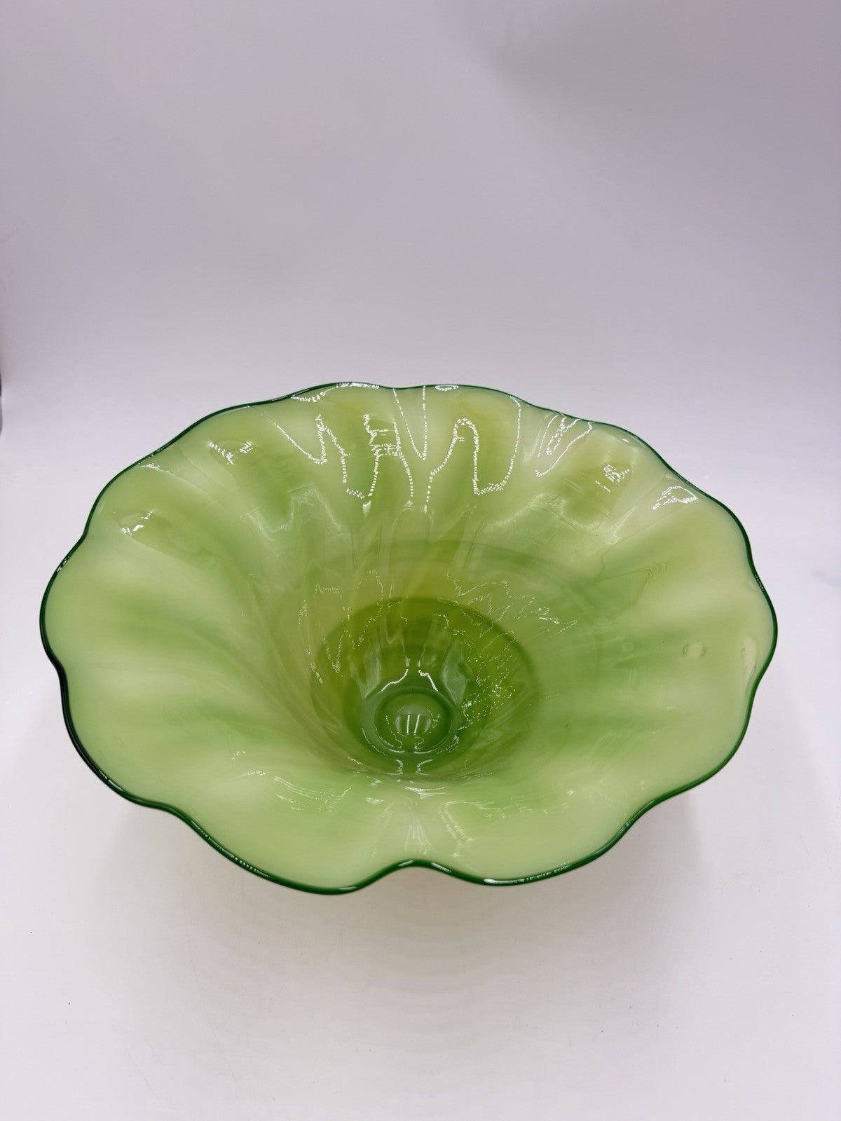 Rick Strini Art Glass Signed Green Lime Iridescent Swirl Bowl 2001 5.5”Hx12”W