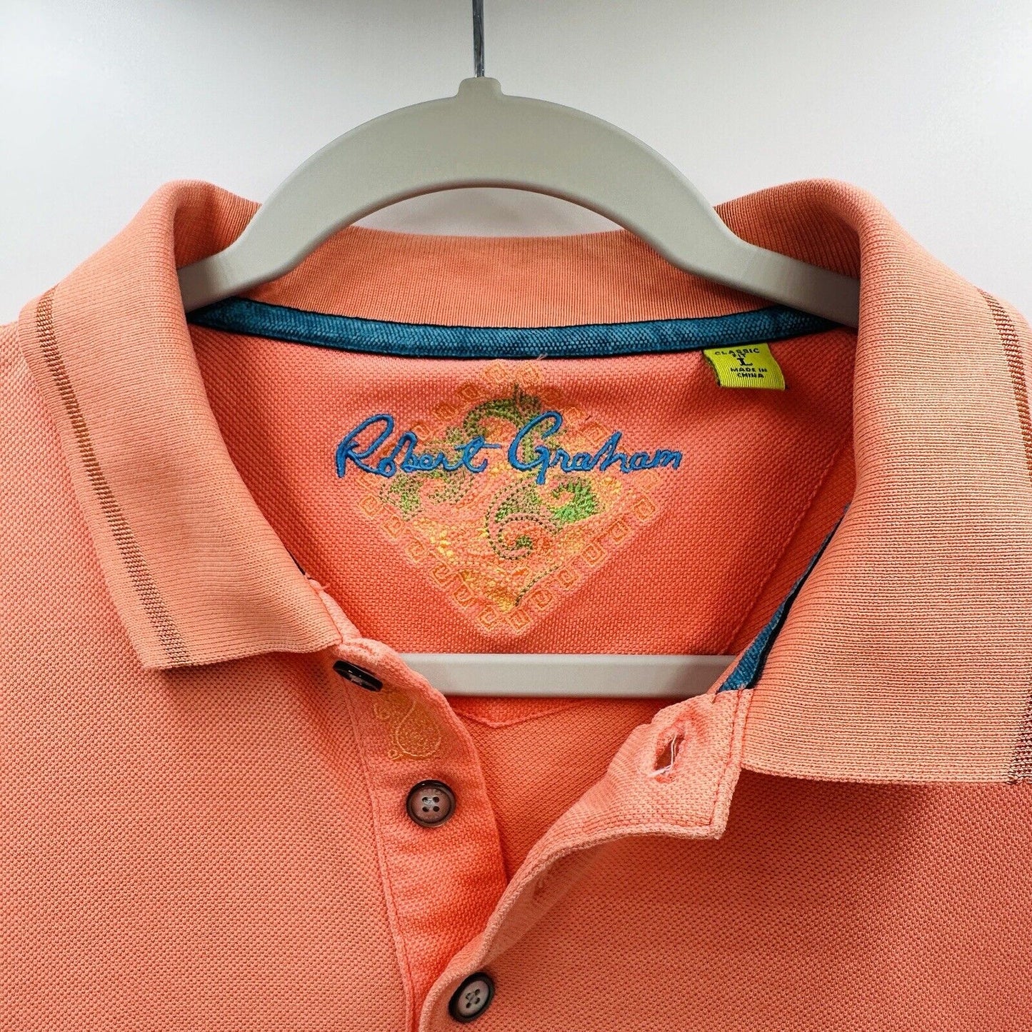 Robert Graham Mens Size L Piqué Polo Shirt Salmon Short Sleeve Golf Casual