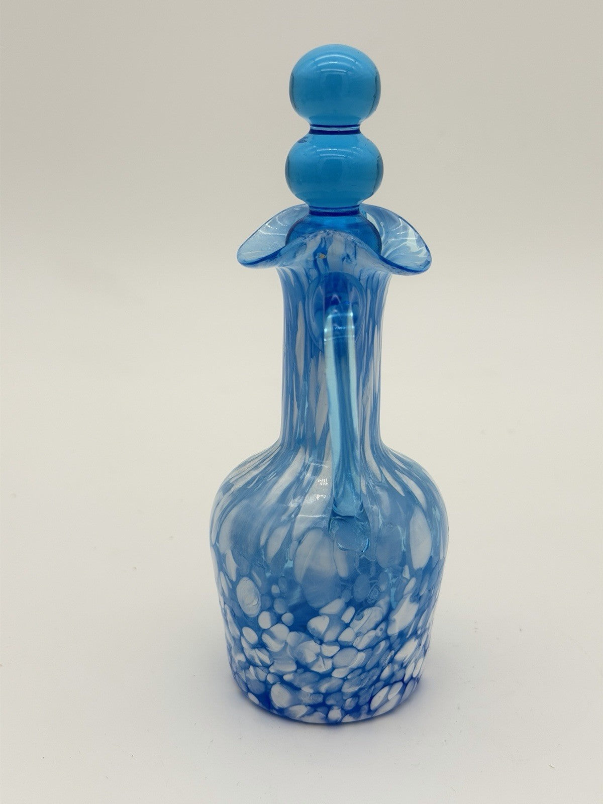 Rainbow Art Glass Cruet Blue Aqua White Spatter Milk Spots W/Stopper Vintage 6”H