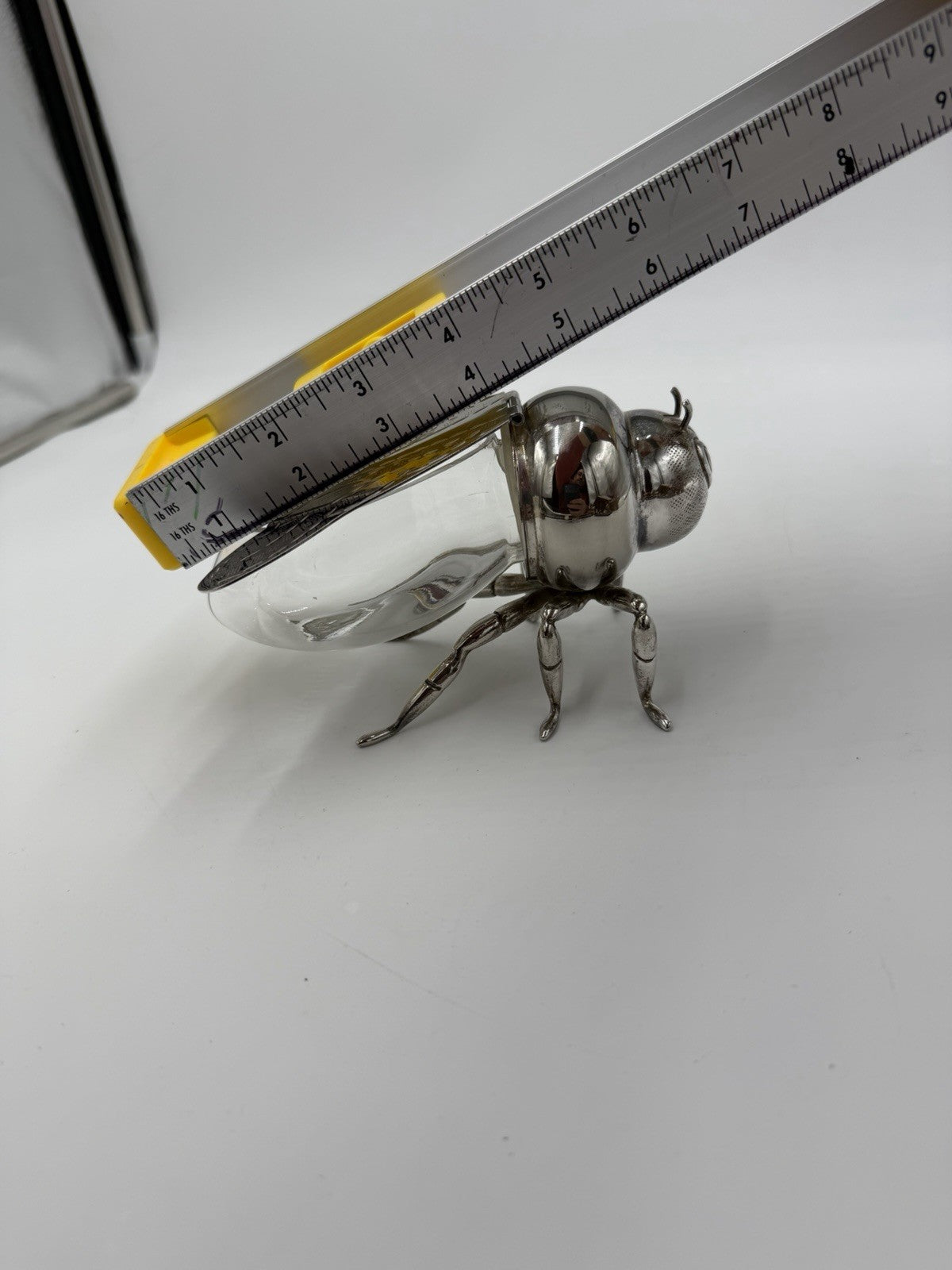 Antique Silver Plate & Glass Honey Bee Honey Pot Unmarked 6" Long x 3" Tall