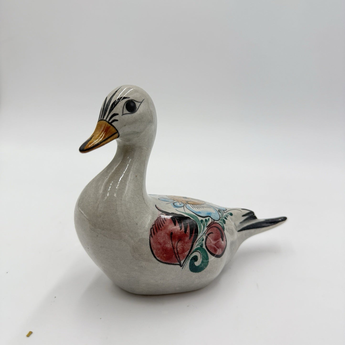 Noe Suro Mexican Folk Art Pottery Clay Floral Painted Duck Vintage Figurine