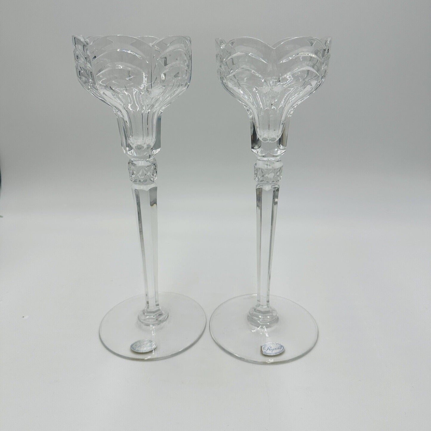 Rogaska Crystal Scalloped Wave Tall Candlestick Holders 10 1/2in Clear Vintage