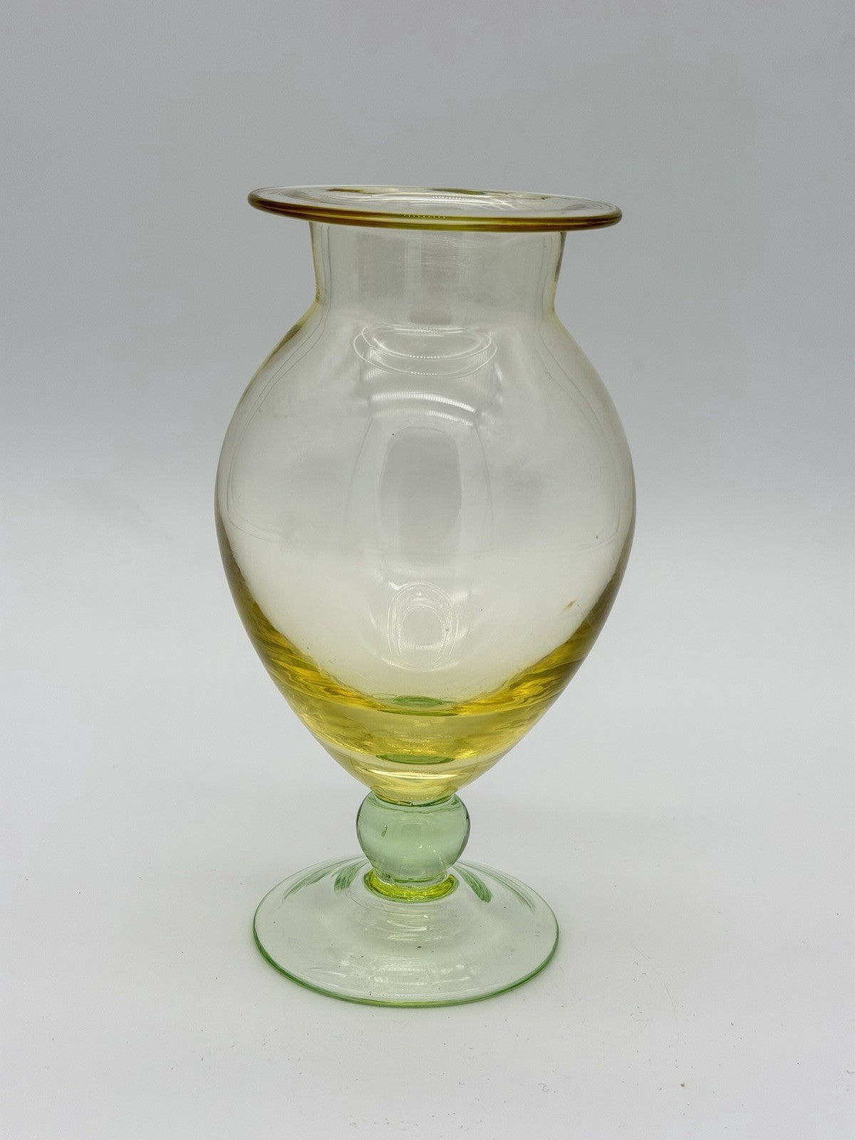 Vintage Tiffin art glass yellow w/green footed base Flower Vase 7”H Pedestal