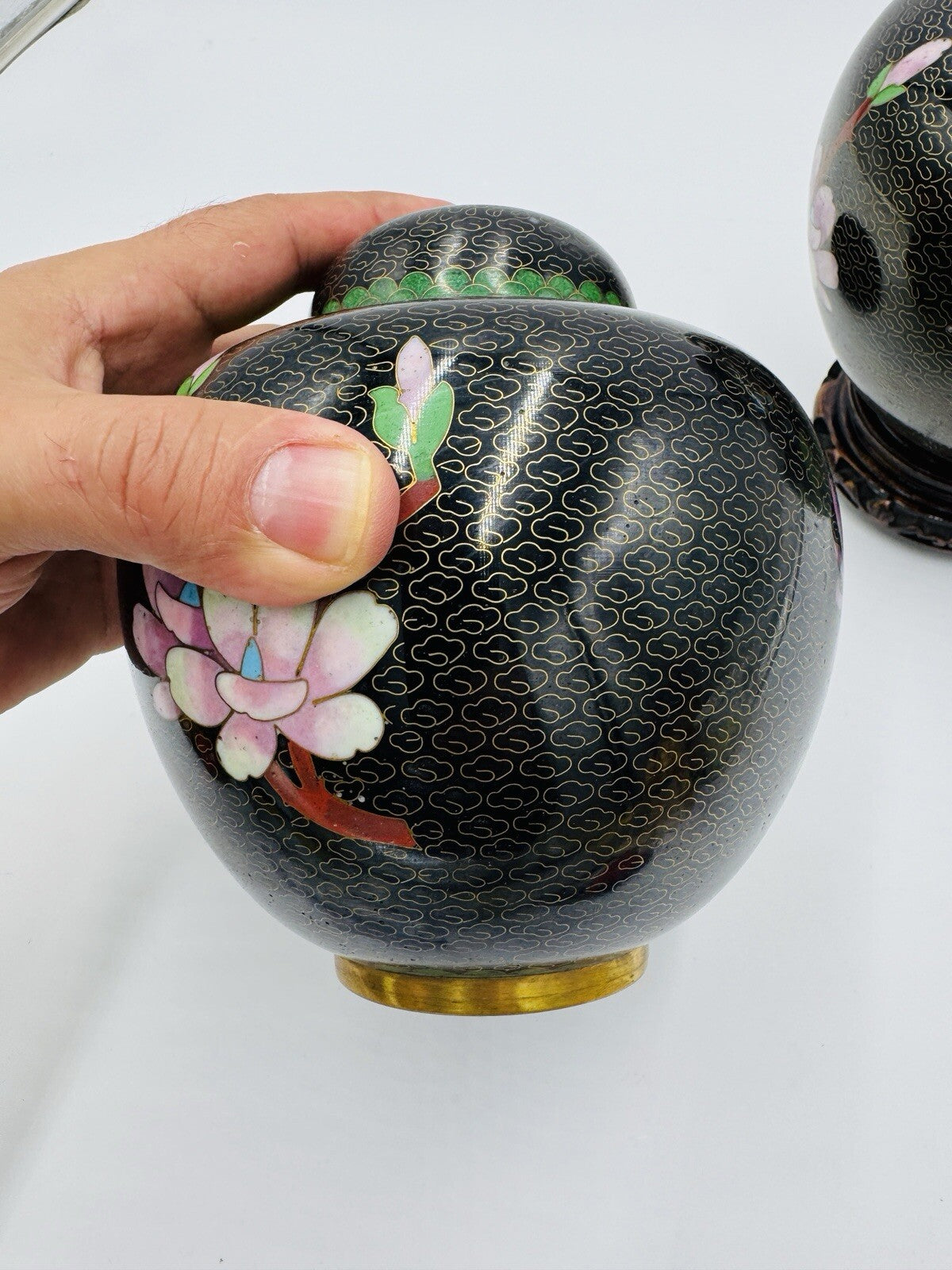 Vintage Cloisonne Brass Enameled Ginger Jar Floral Butterfly Inlay Design 7in