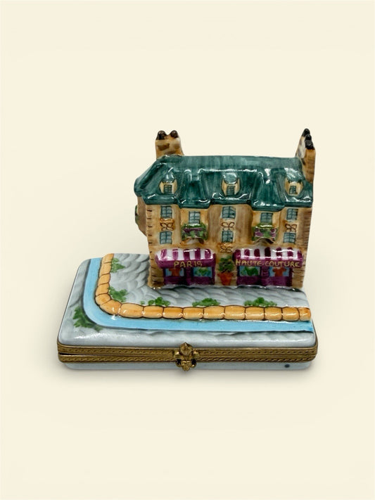 Limoges Porcelain Trinket Box Signed France Paris Street with Shops & Apartments