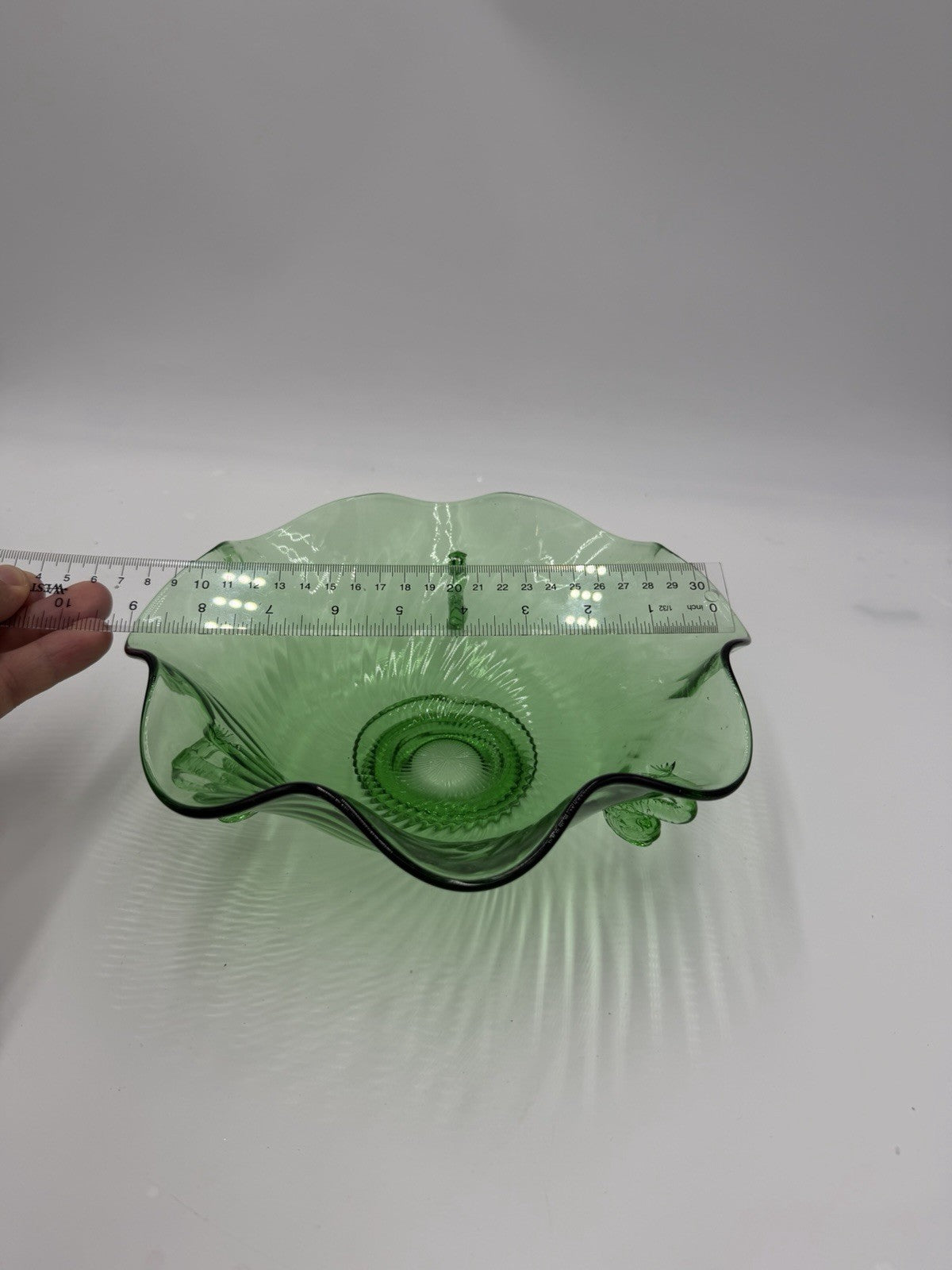 Rare Fenton Art Glass Green Emerald Scalloped Dolphin Art Deco Candy Bowl 3”x9”h
