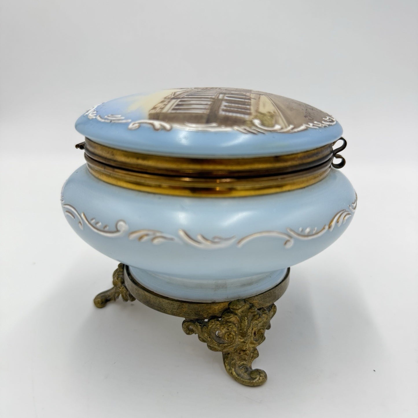 Victorian opaline Capitol Washington painted vanity trinket powder Box Antique