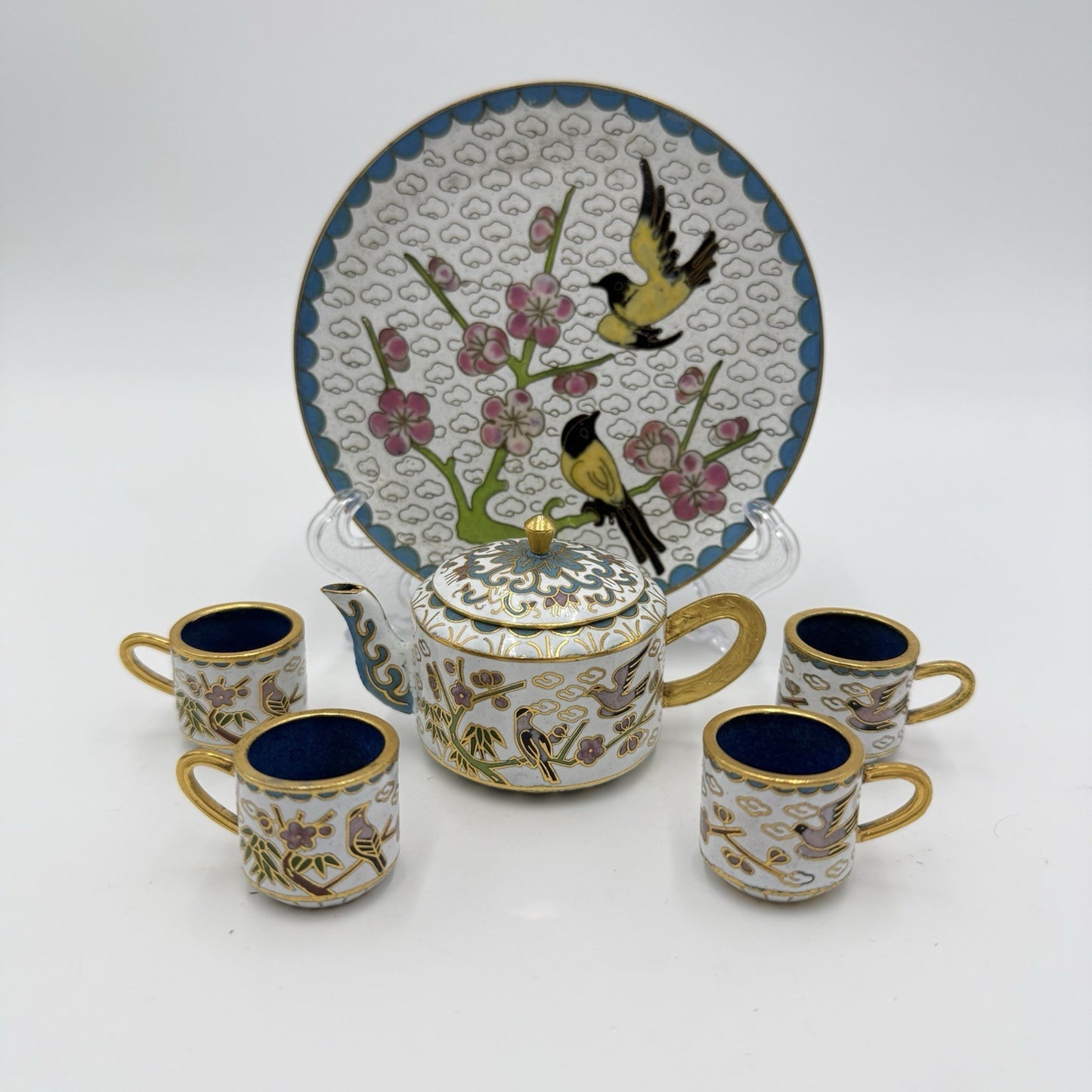 Vtg Cloisonné Enamel Chinese Bird Pattern Miniature Tea Set Dollhouse 6 PCs