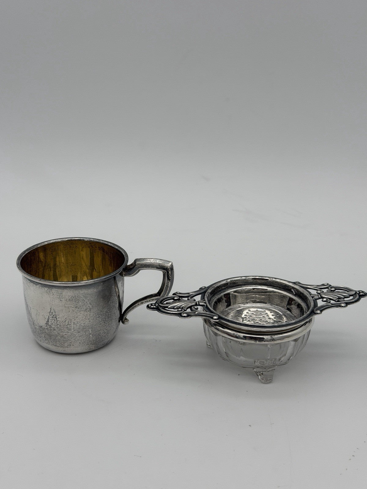 Antique Art Deco Sterling Silver Tea Strainer & Stand & Cup Webster Set Complete