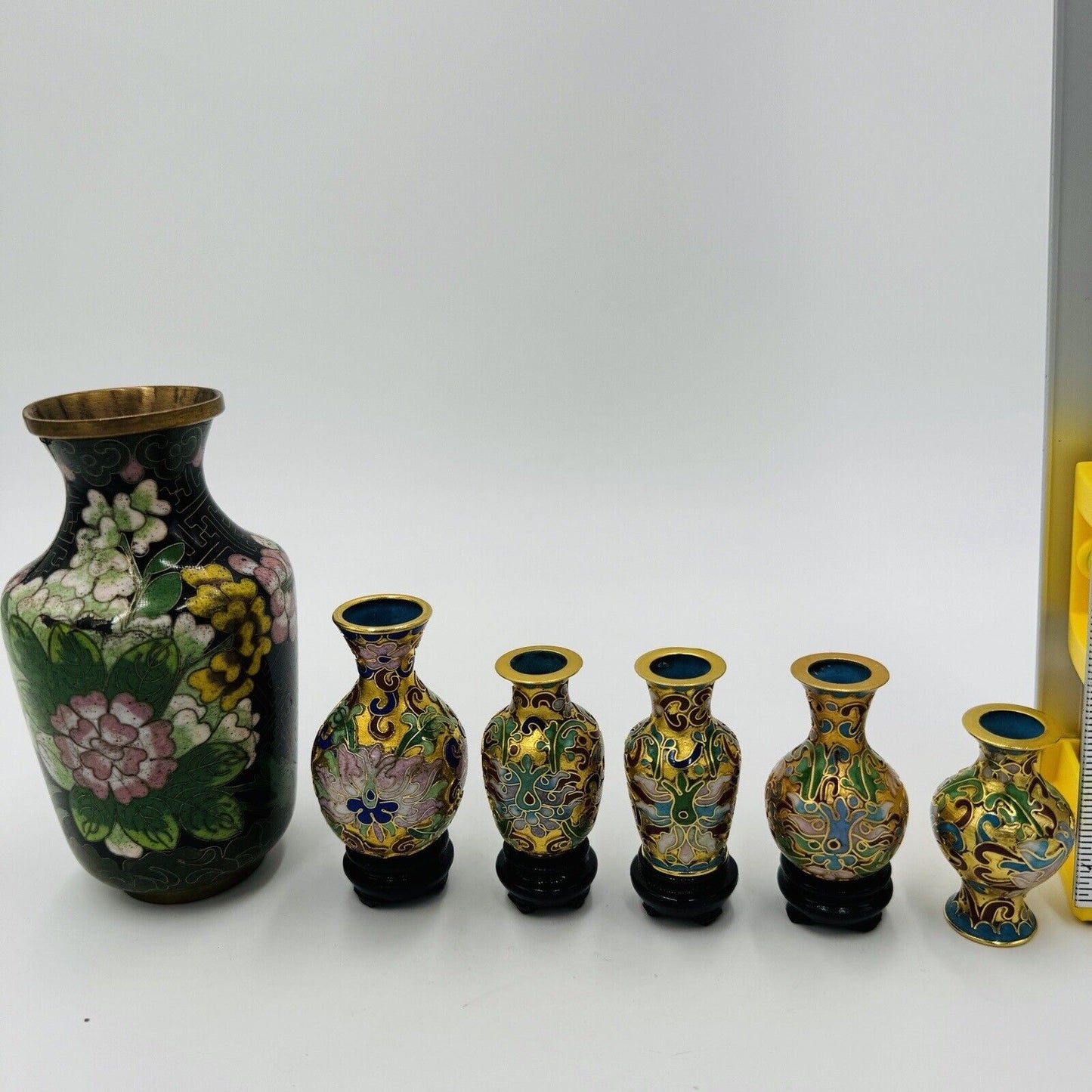 Vintage Cloisonné Enamel Mini Vases Set 6 Pieces Floral