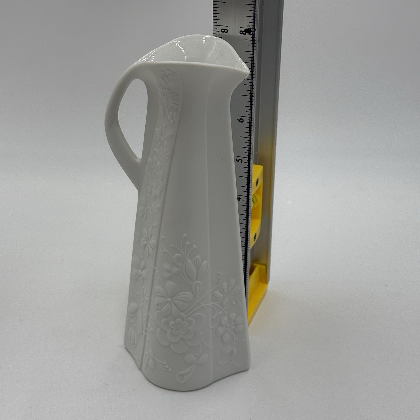 Kaiser Germany White Bisque Vase Embossed Floral Pitcher 8" By M.Fray Porcelain