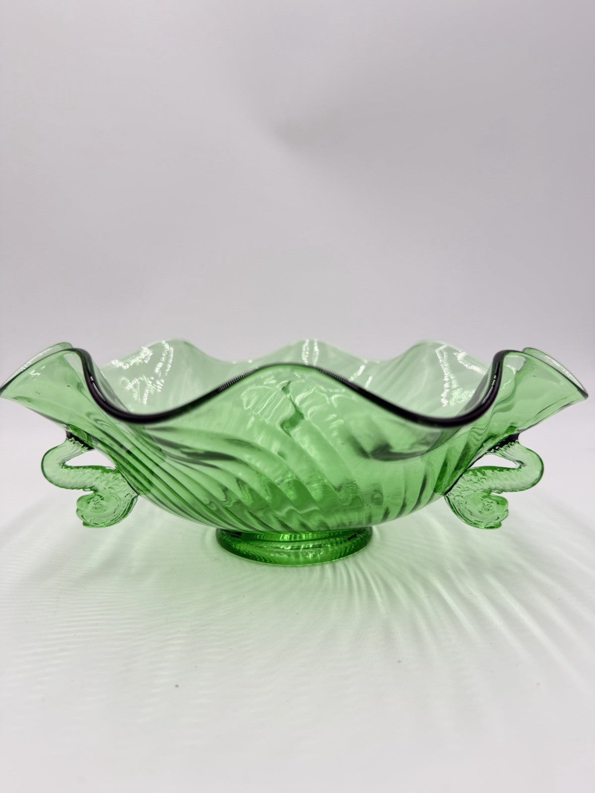 Rare Fenton Art Glass Green Emerald Scalloped Dolphin Art Deco Candy Bowl 3”x9”h