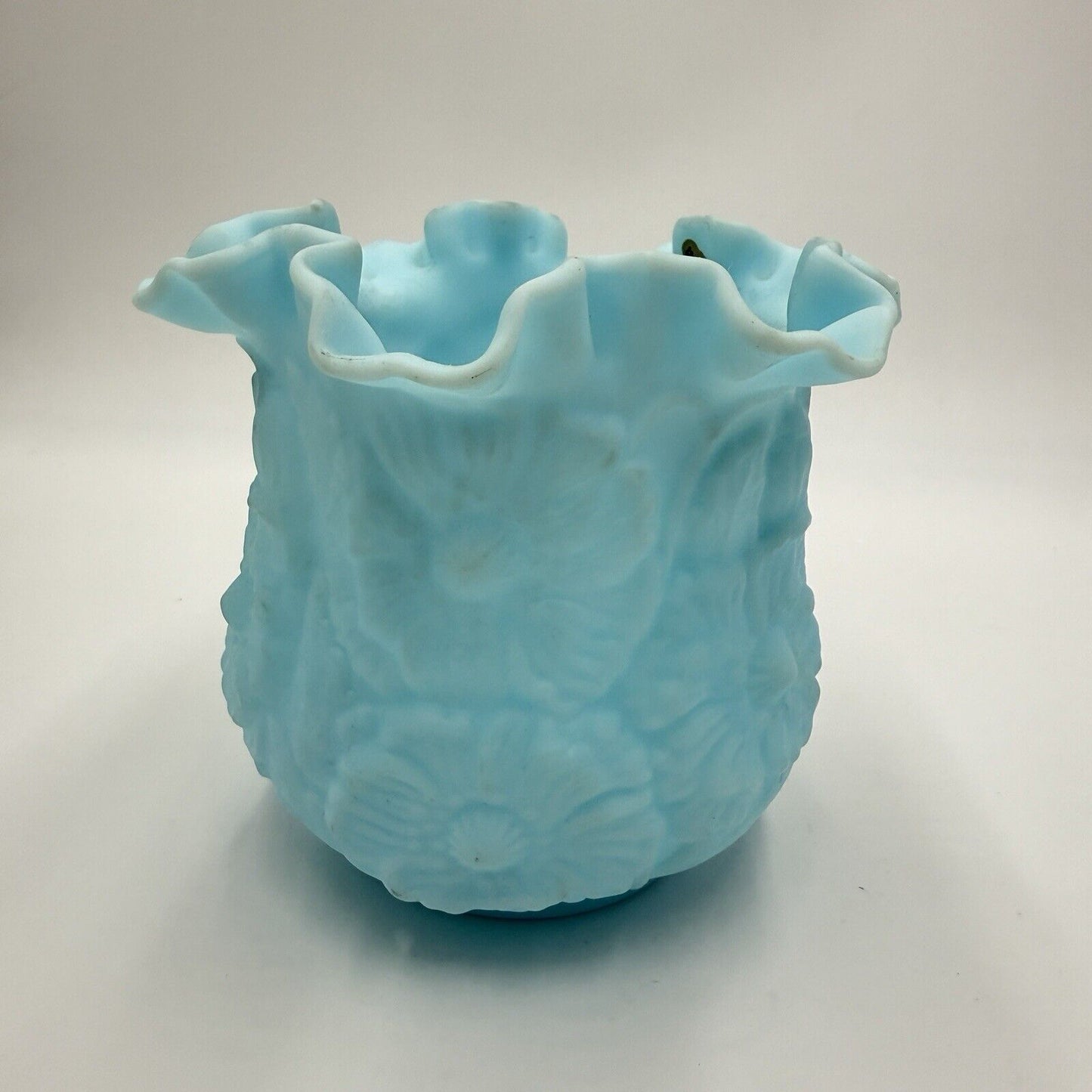 Vtg Fenton Blue Satin Glass Vase Ruffled Edge Poppy/Daisy Large 6" H x 6 1/2" W