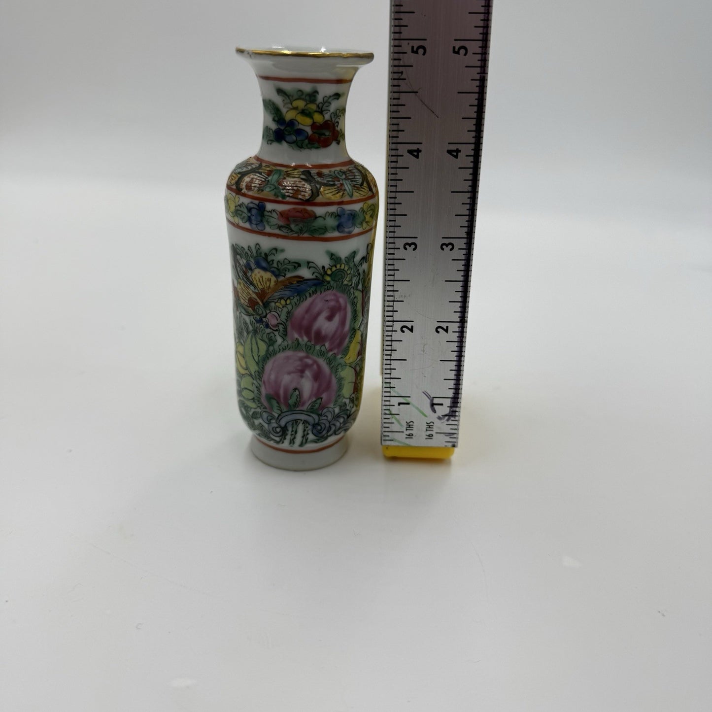 Vtg Chinese Famille Rose Canton 5” Vase Hand Painted Porcelain Made Hong Kong