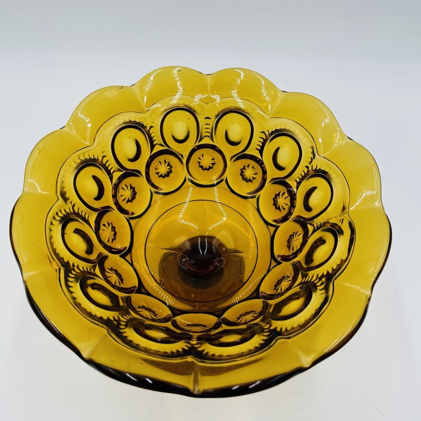L.E. Smith Moon & Stars Amber Art Glass Pedestal Candy Bowl Dish 7in x 8in