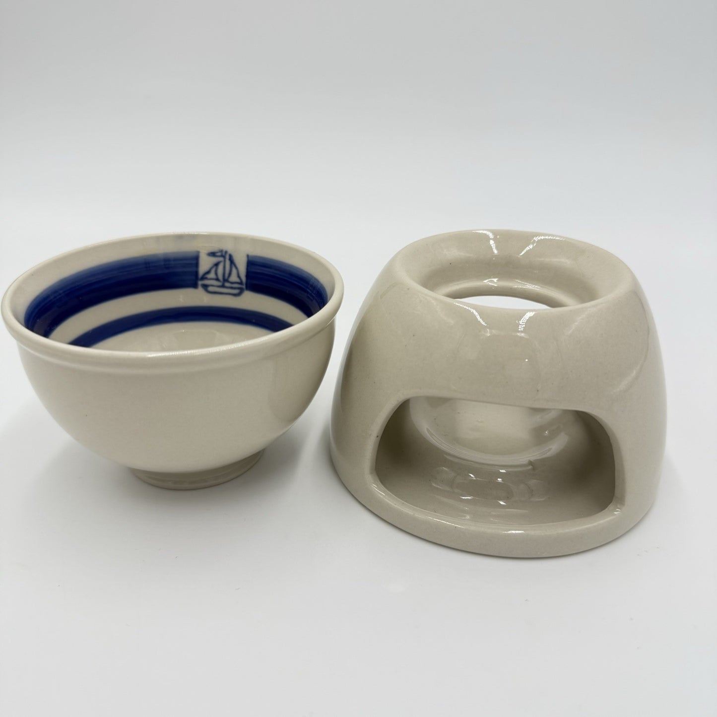 Pottery Barn Stoneware Oil/butter Warmer Sailboat Blue Stripes 4.3”