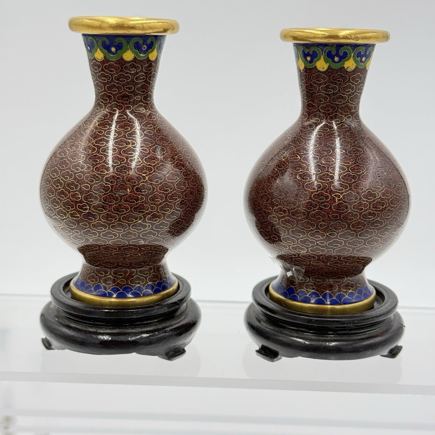 Vintage Cloisonne Enameled Cherry Blossom Brown Mini Vases Brass Chinese 4” Pair