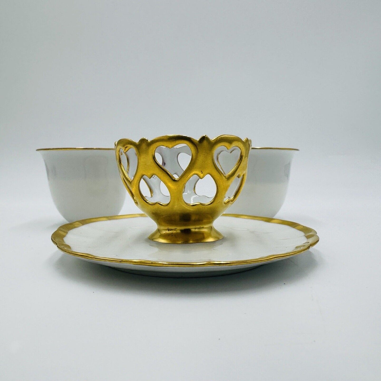 French Porcelain Gold Trim Egg Cups 3 Pieces Unmarked Rare Antique Serveware