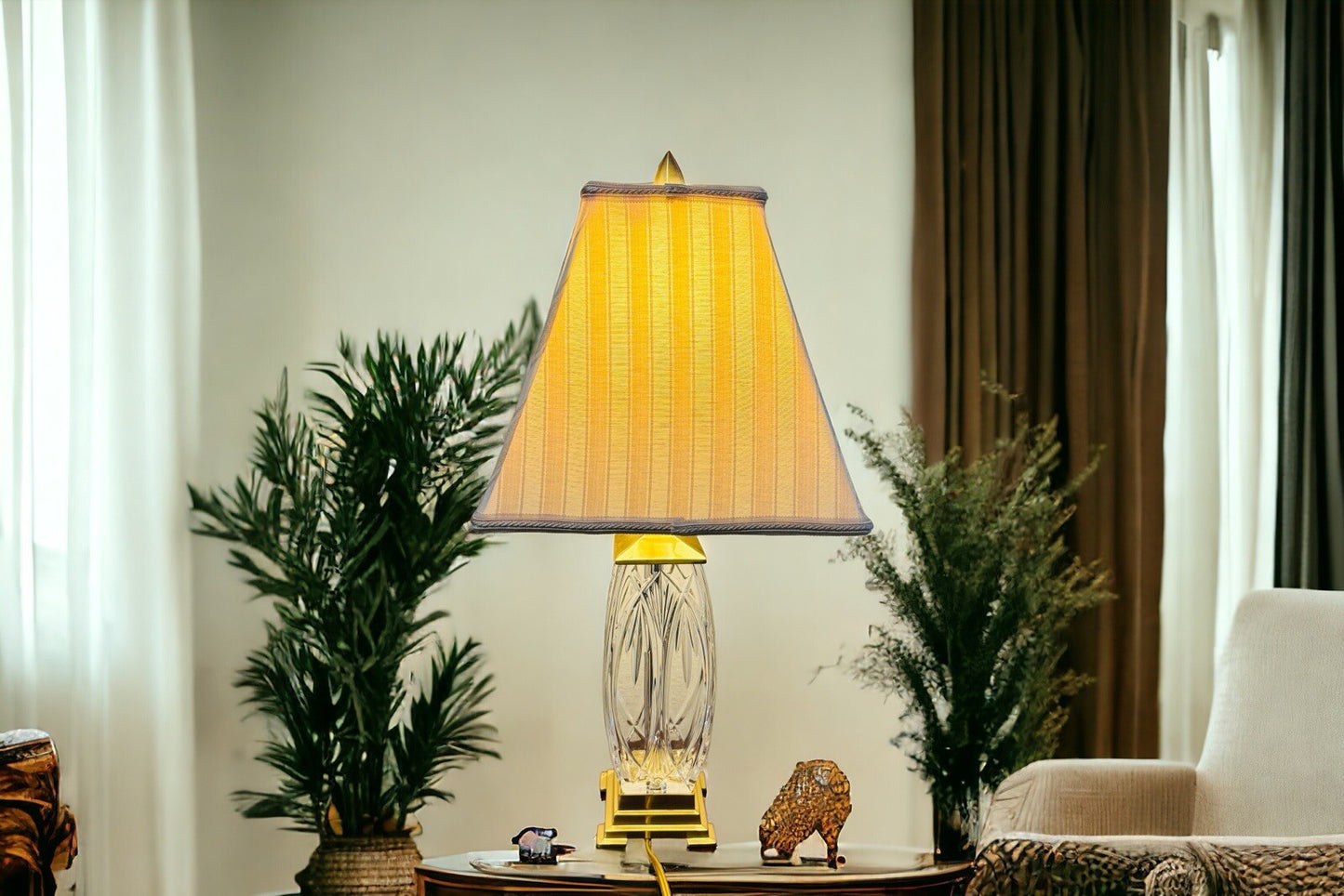 Waterford Finn Versailles Crystal Table Lamp w/Brass Base 26in Original Shades