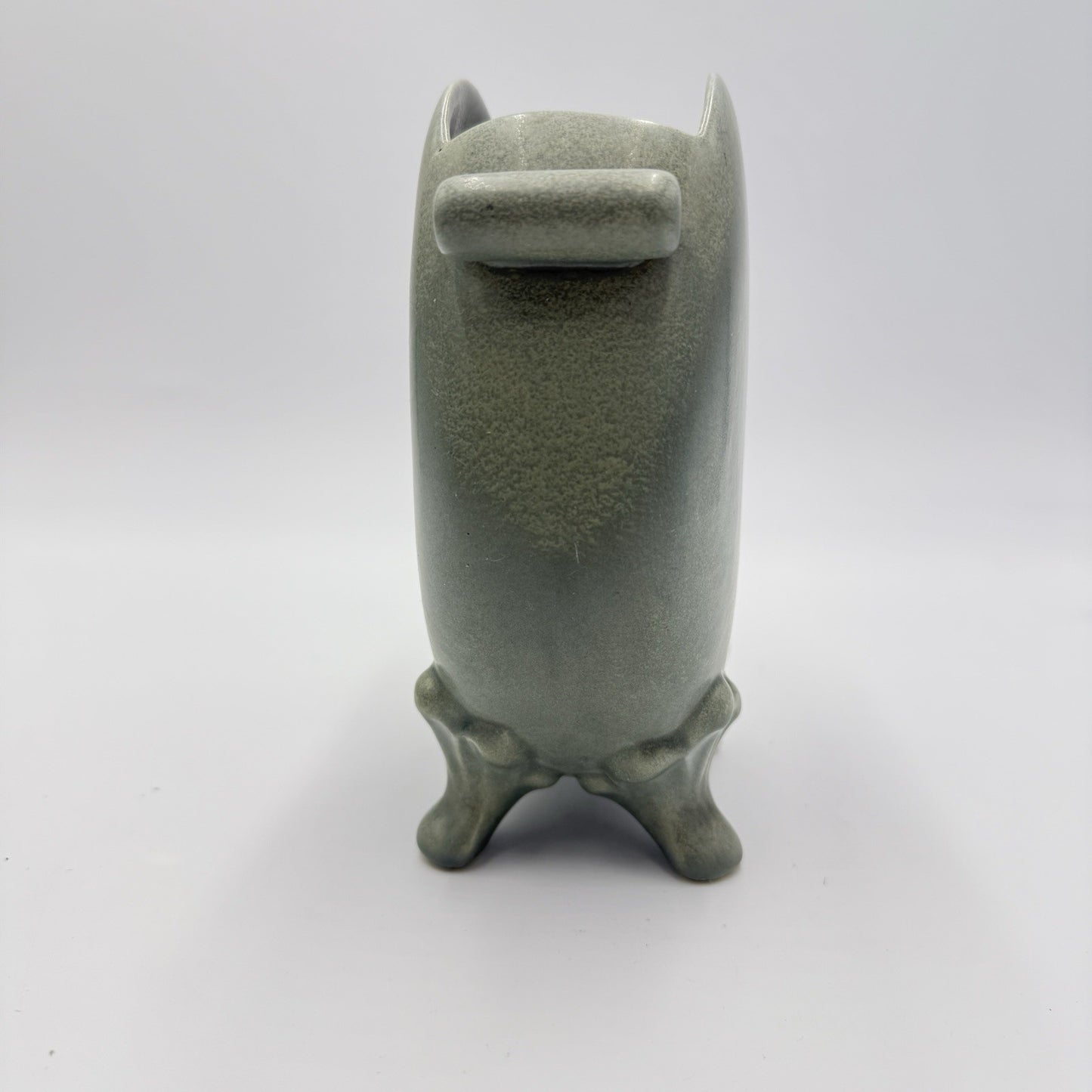Celadon Art Pottery Green Footed Vase Double Handle Chinese 6.5”h X 2”w X 5.5”