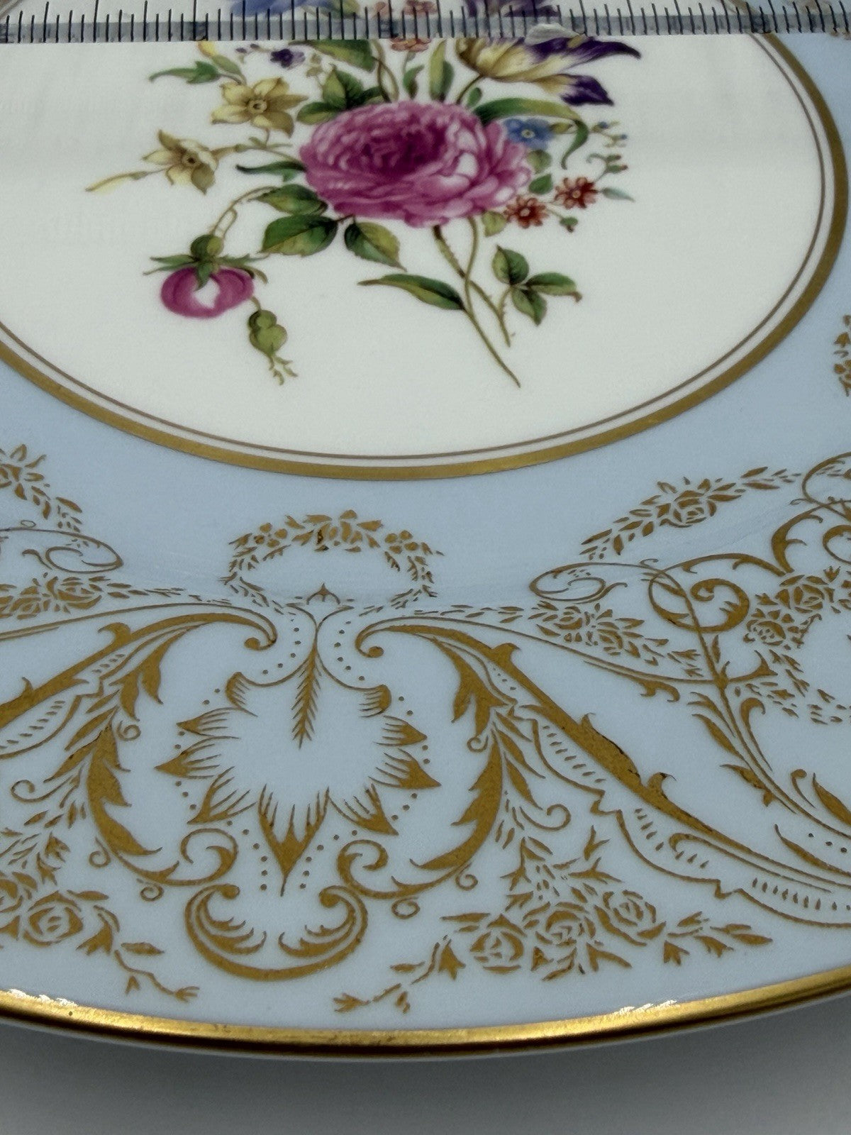 Royal Worcester England Embellished Floral Light Blue Gold Trim Dinner 10” Plate