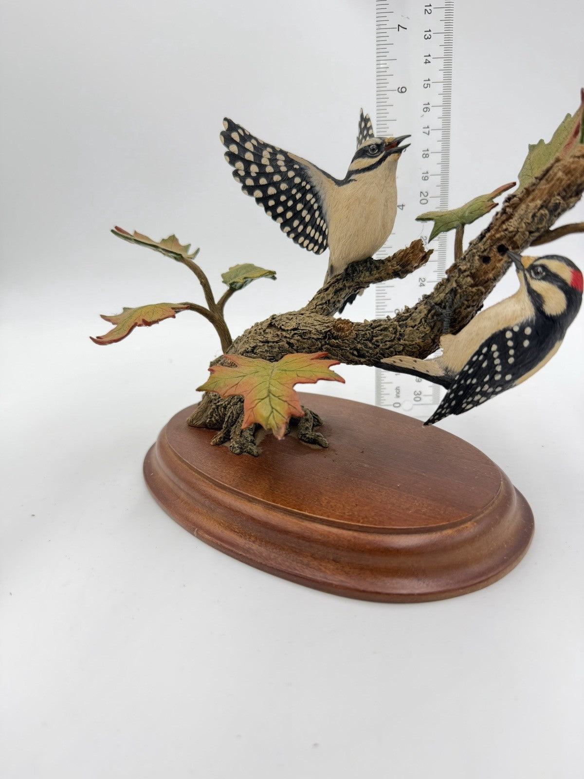 Danbury Mint Autumn Wonder Downy Woodpeckers Figurine Bob Guge Wood Base