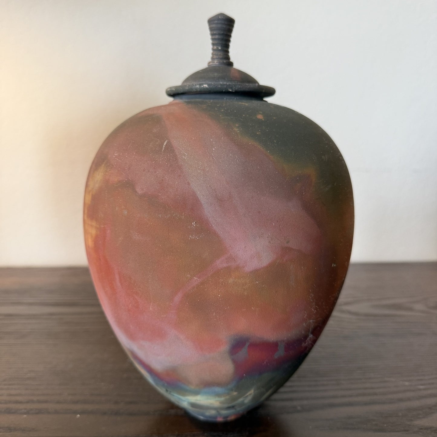 Raku Fired Pottery Iridescent Vase Urn With Lid Signed Wood Colors Natural 10in
