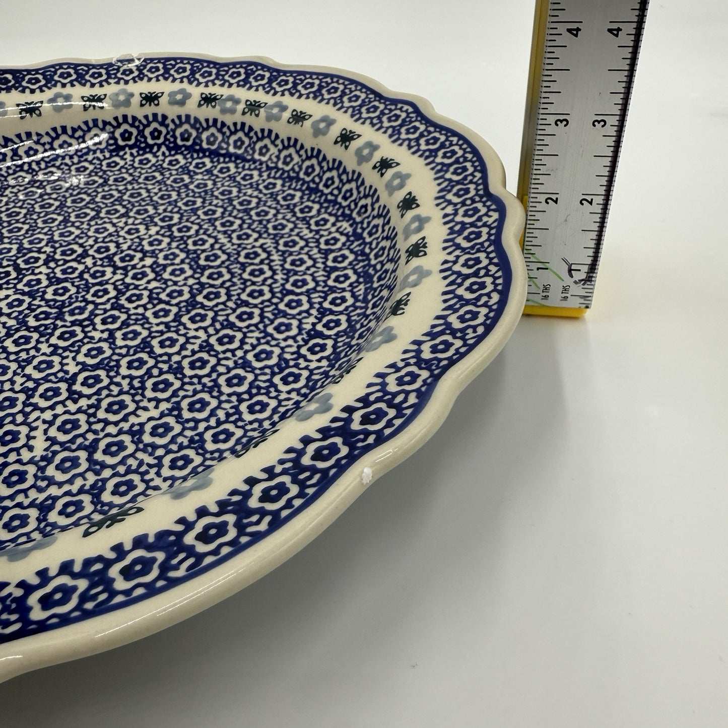 Vintage 13” Scalloped Polish pottery Bowl Blue # 103 butterfly Rare (Repaired)