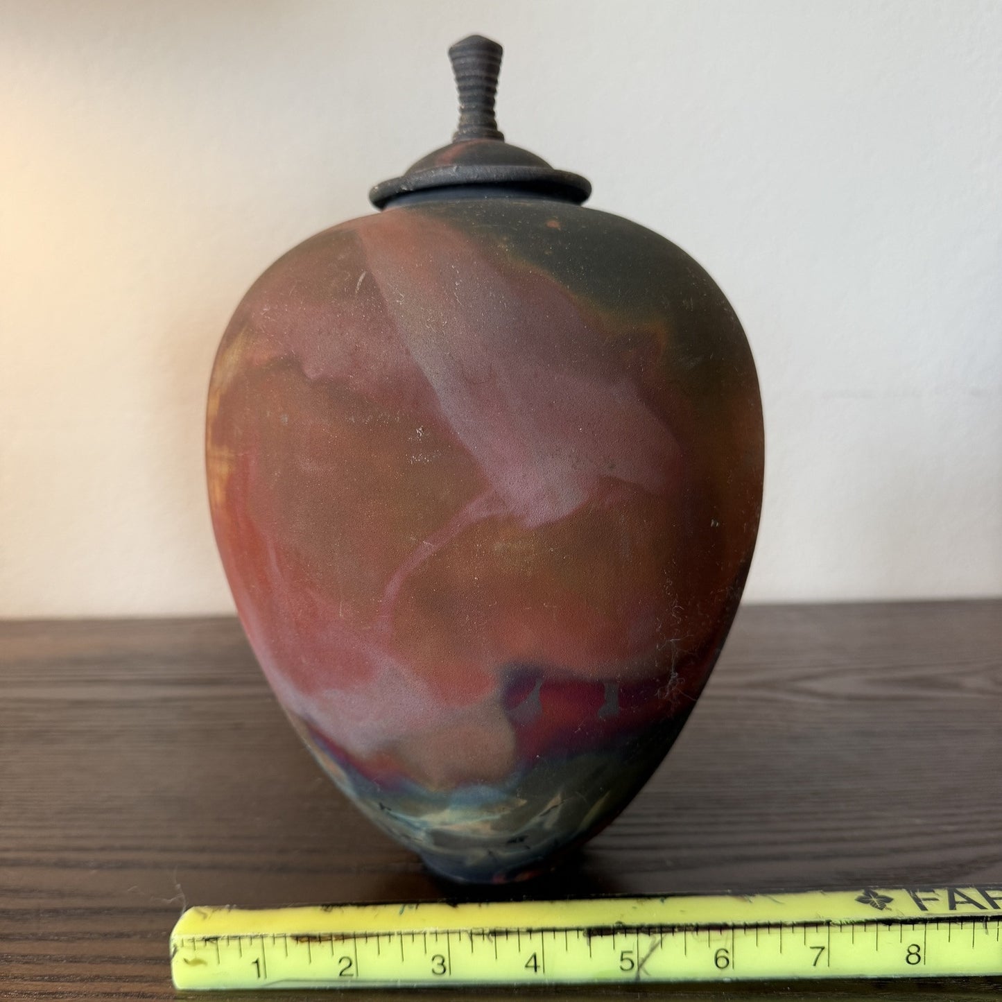 Raku Fired Pottery Iridescent Vase Urn With Lid Signed Wood Colors Natural 10in