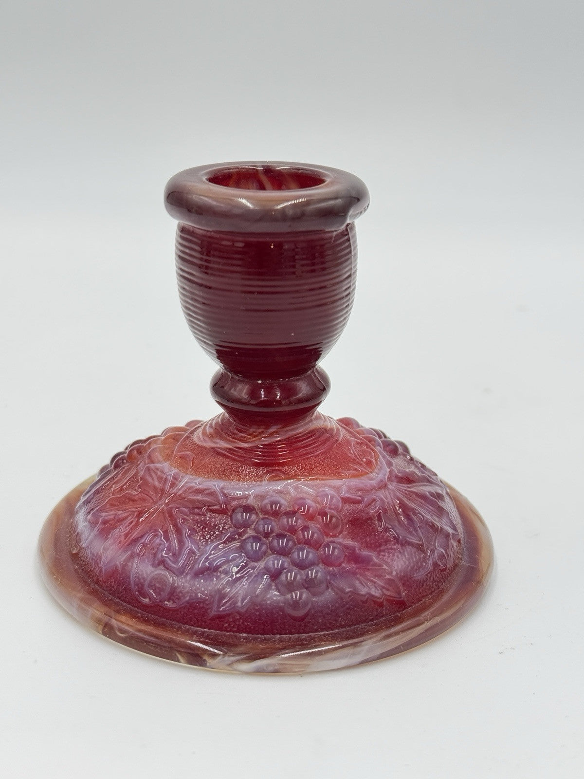 Imperial Red Slag ArtGlass Candle Stick Holder Embossed Grapes Leaf Vintage 1960