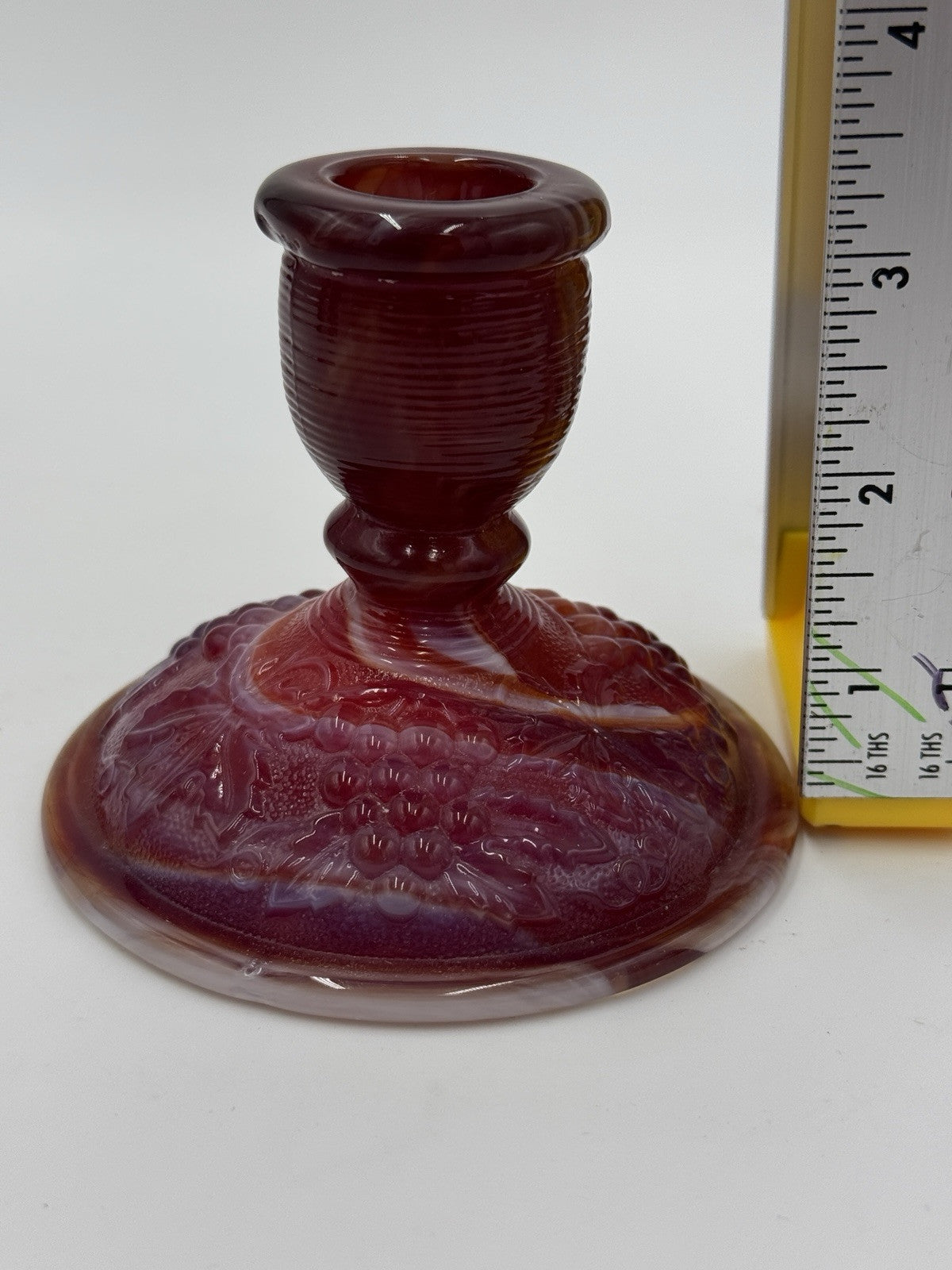 Imperial Red Slag ArtGlass Candle Stick Holder Embossed Grapes Leaf Vintage 1960