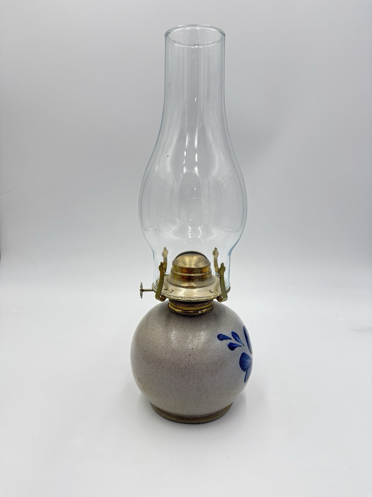 Vtg Rowe Pottery Works Salt Glazed Hurricane Oil Lamp Heart Painted Signed 14”