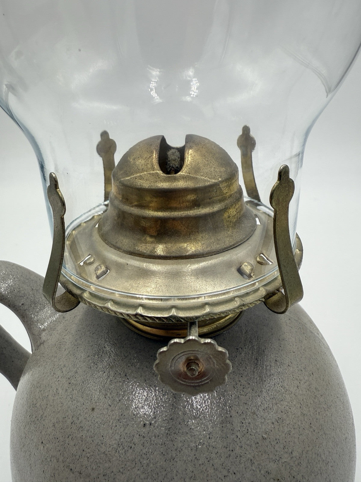 Vtg Rowe Pottery Works Salt Glazed Hurricane Oil Lamp Heart Painted Signed 14”