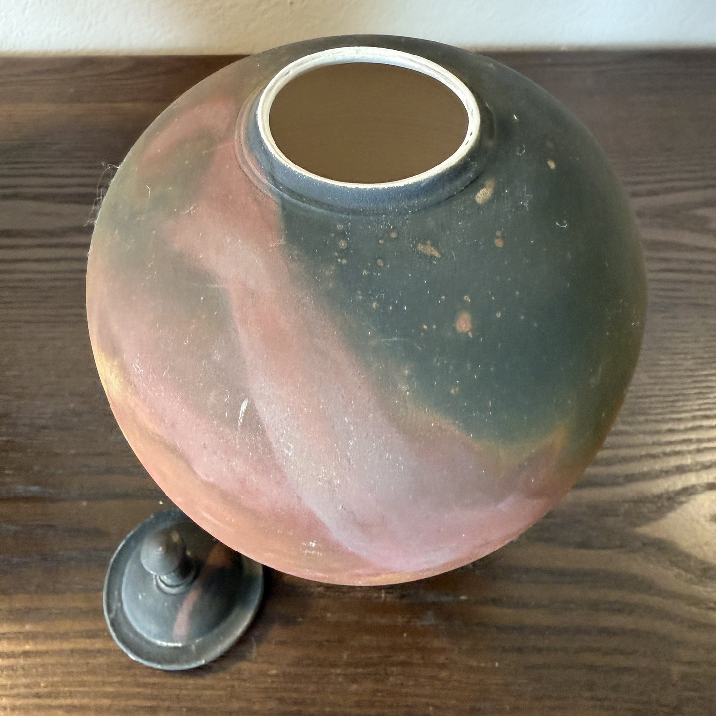 Raku Fired Pottery Iridescent Vase Urn With Lid Signed Wood Colors Natural 10in