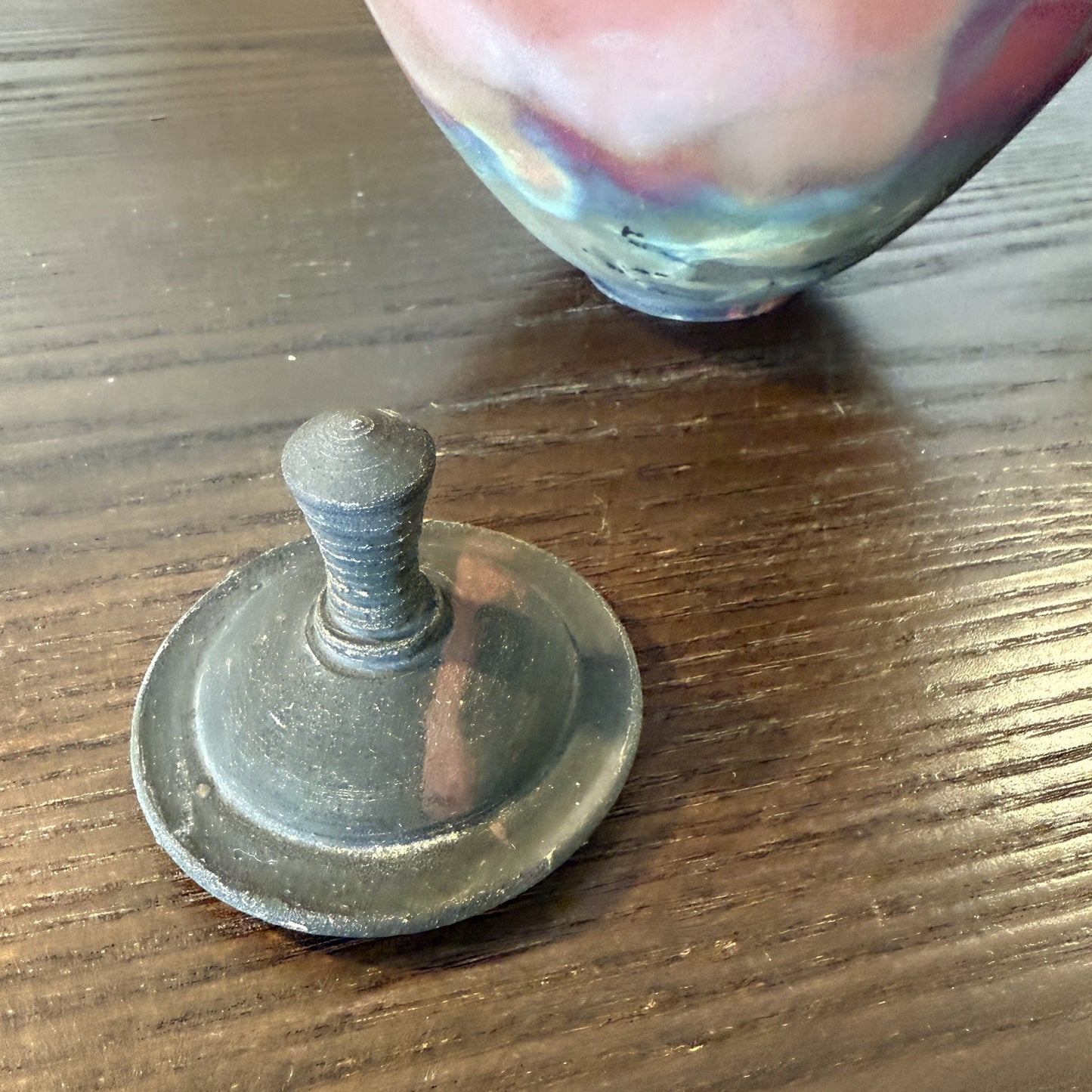 Raku Fired Pottery Iridescent Vase Urn With Lid Signed Wood Colors Natural 10in