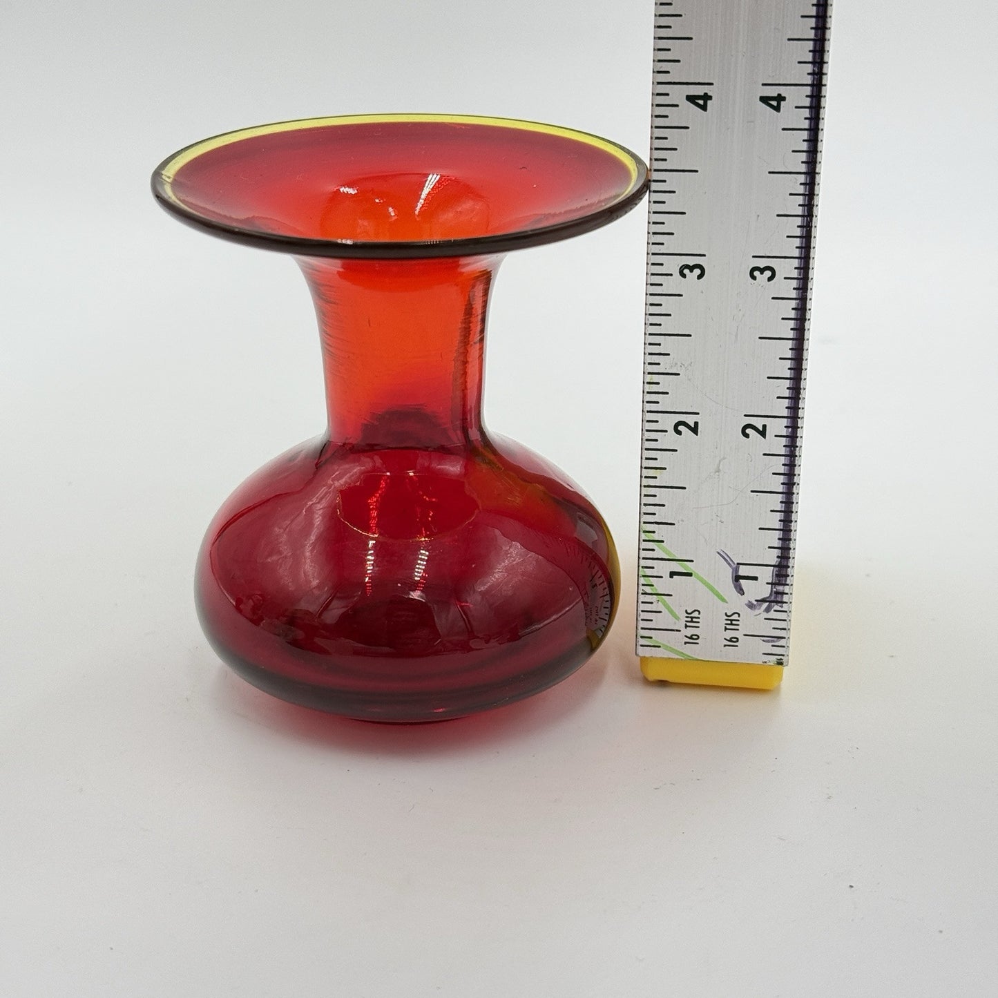 MCM Blenko Art Glass Red Orange Rim Mini Vase 3.5”