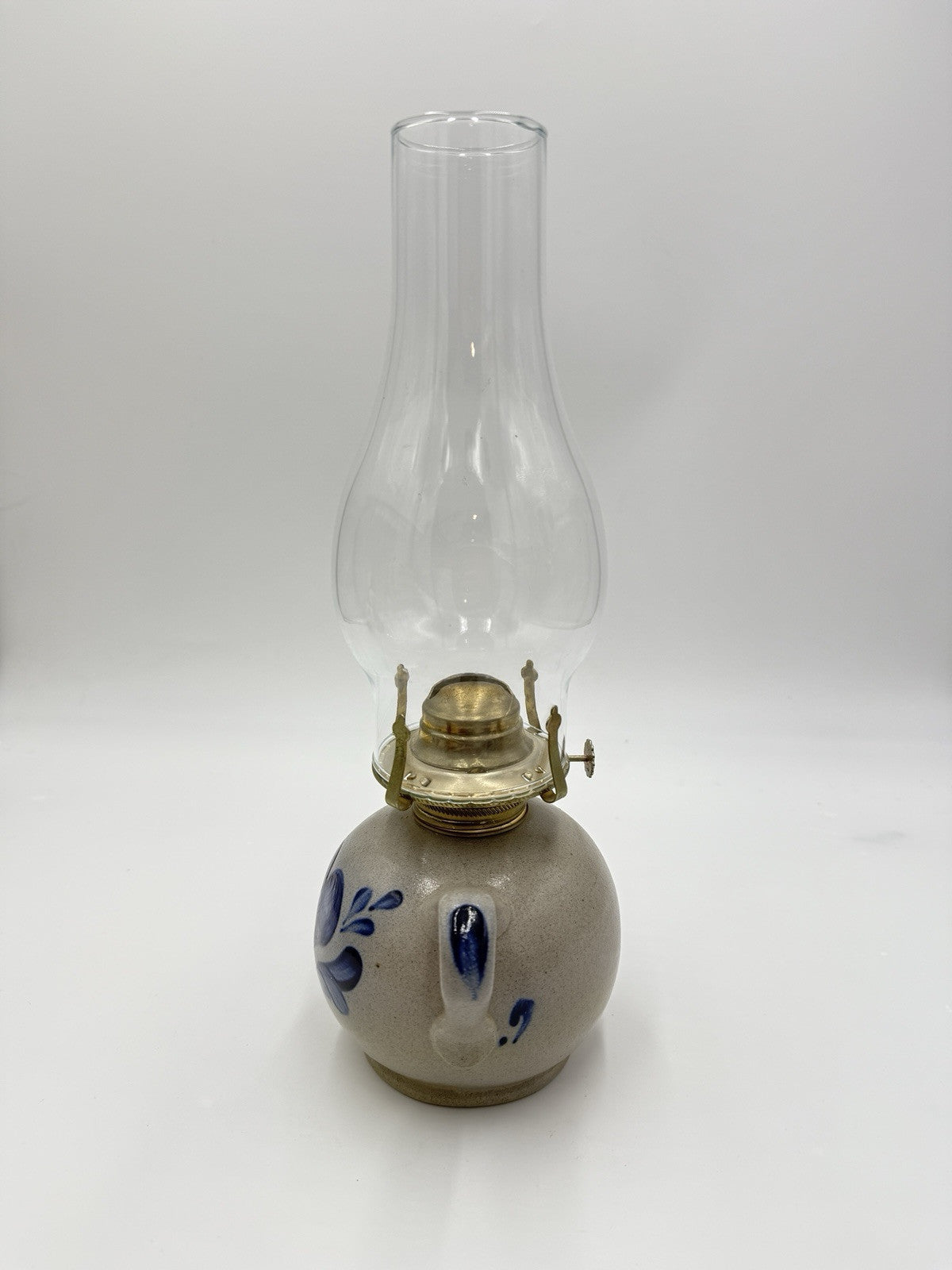 Vtg Rowe Pottery Works Salt Glazed Hurricane Oil Lamp Heart Painted Signed 14”
