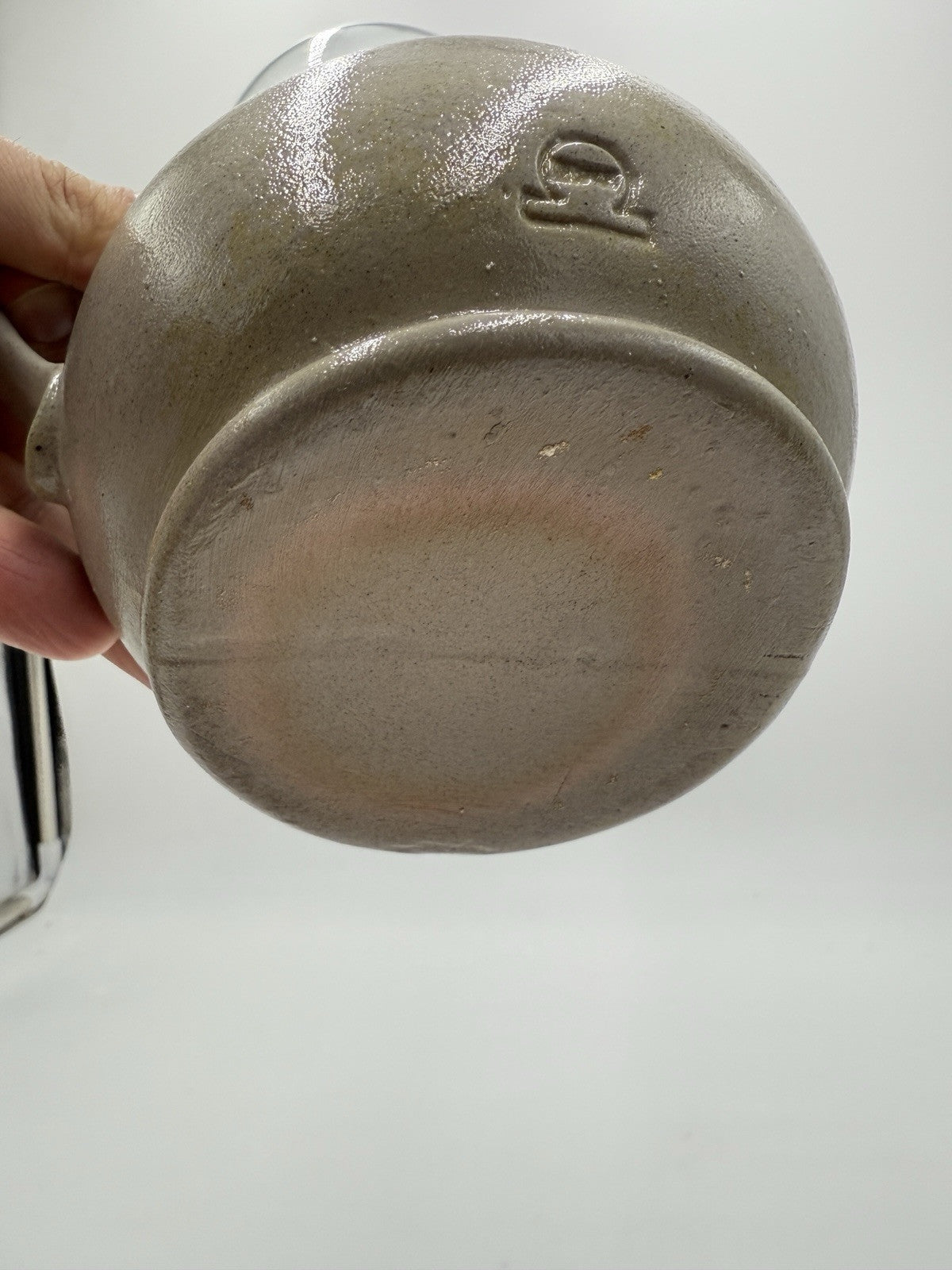 Vtg Rowe Pottery Works Salt Glazed Hurricane Oil Lamp Heart Painted Signed 14”