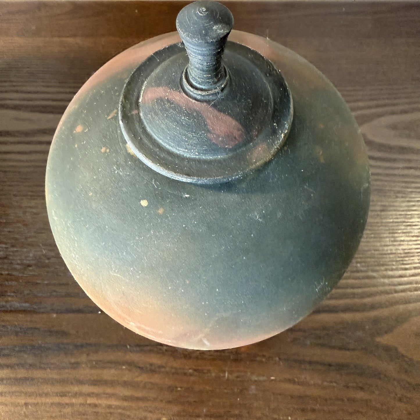 Raku Fired Pottery Iridescent Vase Urn With Lid Signed Wood Colors Natural 10in