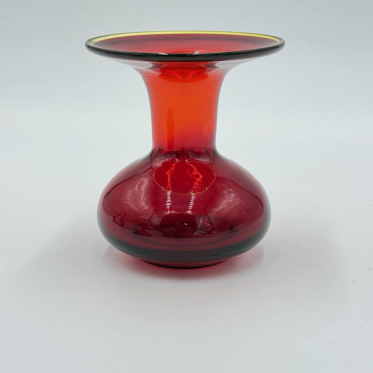 MCM Blenko Art Glass Red Orange Rim Mini Vase 3.5”