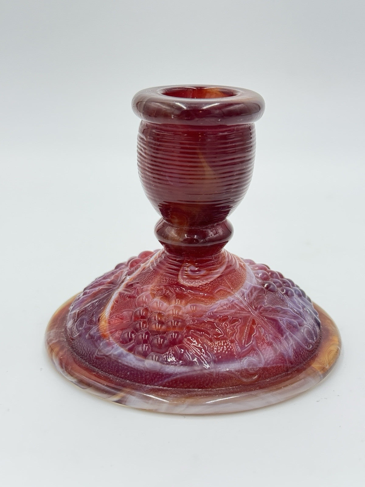 Imperial Red Slag ArtGlass Candle Stick Holder Embossed Grapes Leaf Vintage 1960
